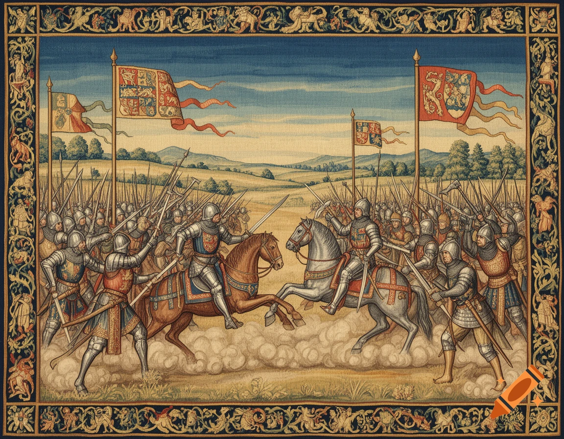 Medieval armies clash on a plain in a vibrant tapestry with ornate borders.