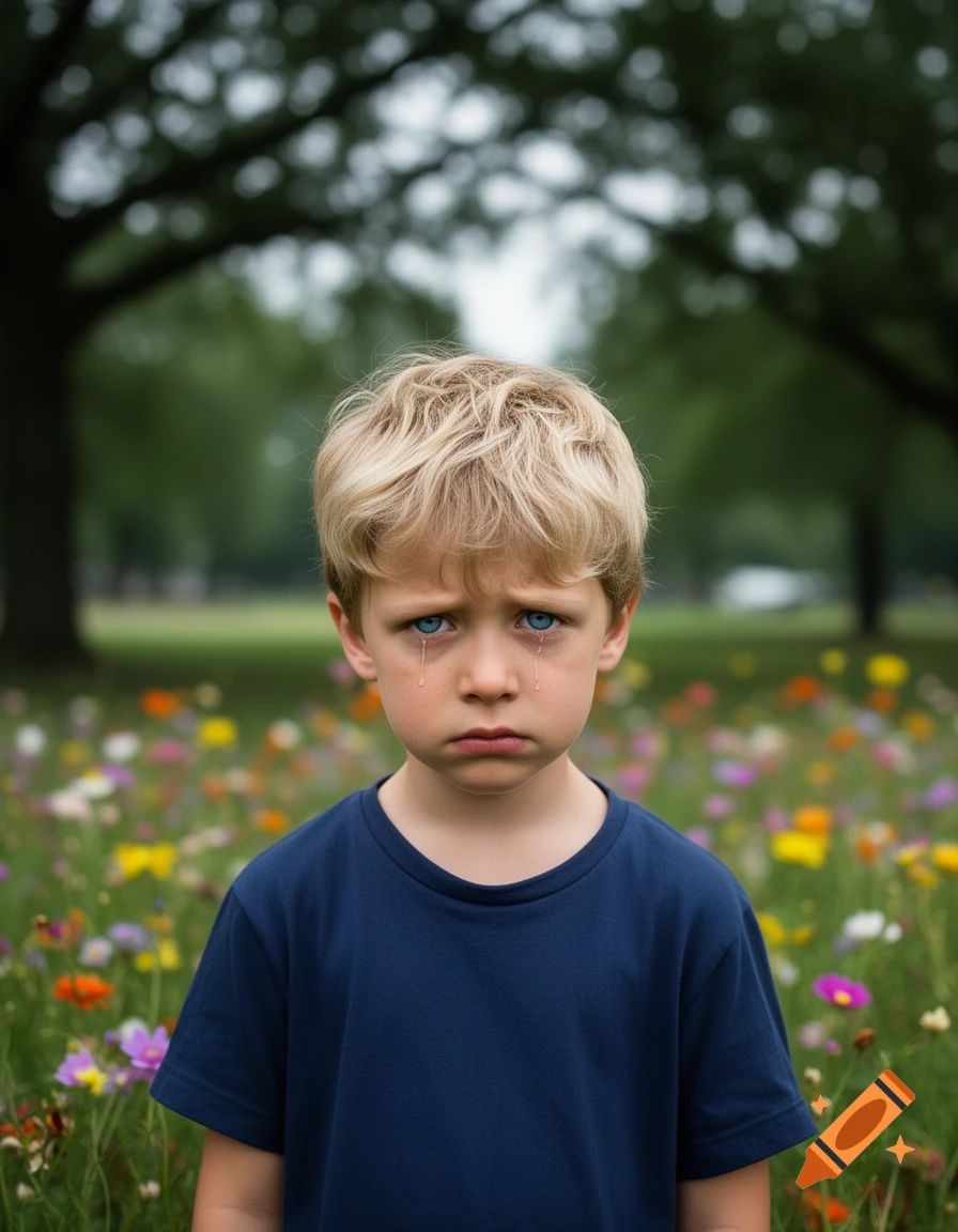 A close-up of a sad little boy with blonde hair and blue eyes, with tears running down his cheeks, standing in a field of colorful flowers.