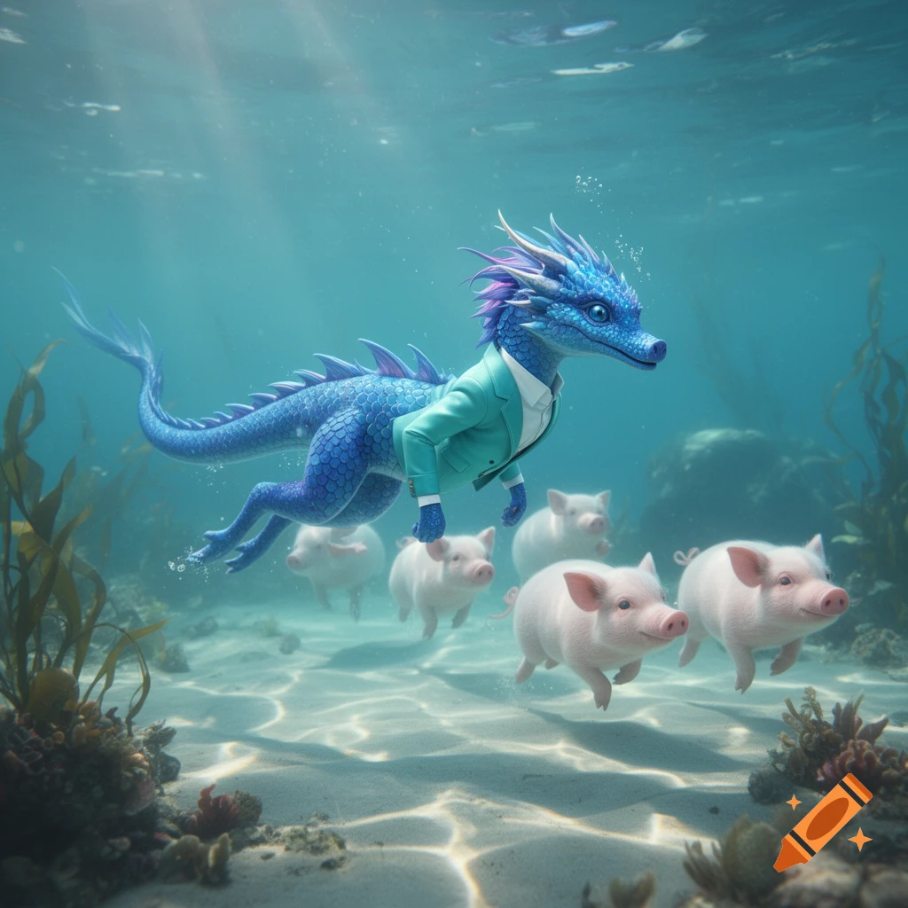 A blue dragon wearing an aqua suit swims underwater, followed by several small pink pigs.