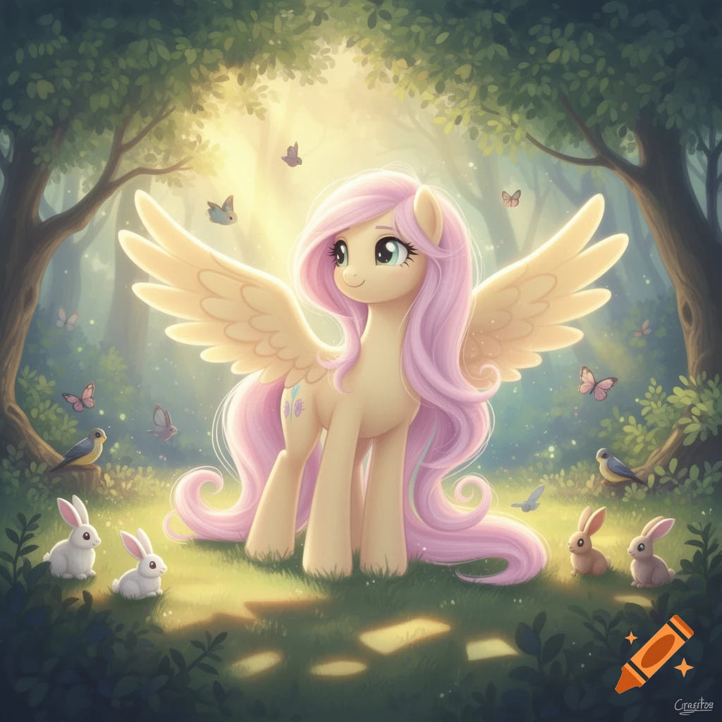 Fluttershy, a yellow winged pony with a long pink mane, stands in a sunlit forest clearing among rabbits and birds in a whimsical cartoon style.