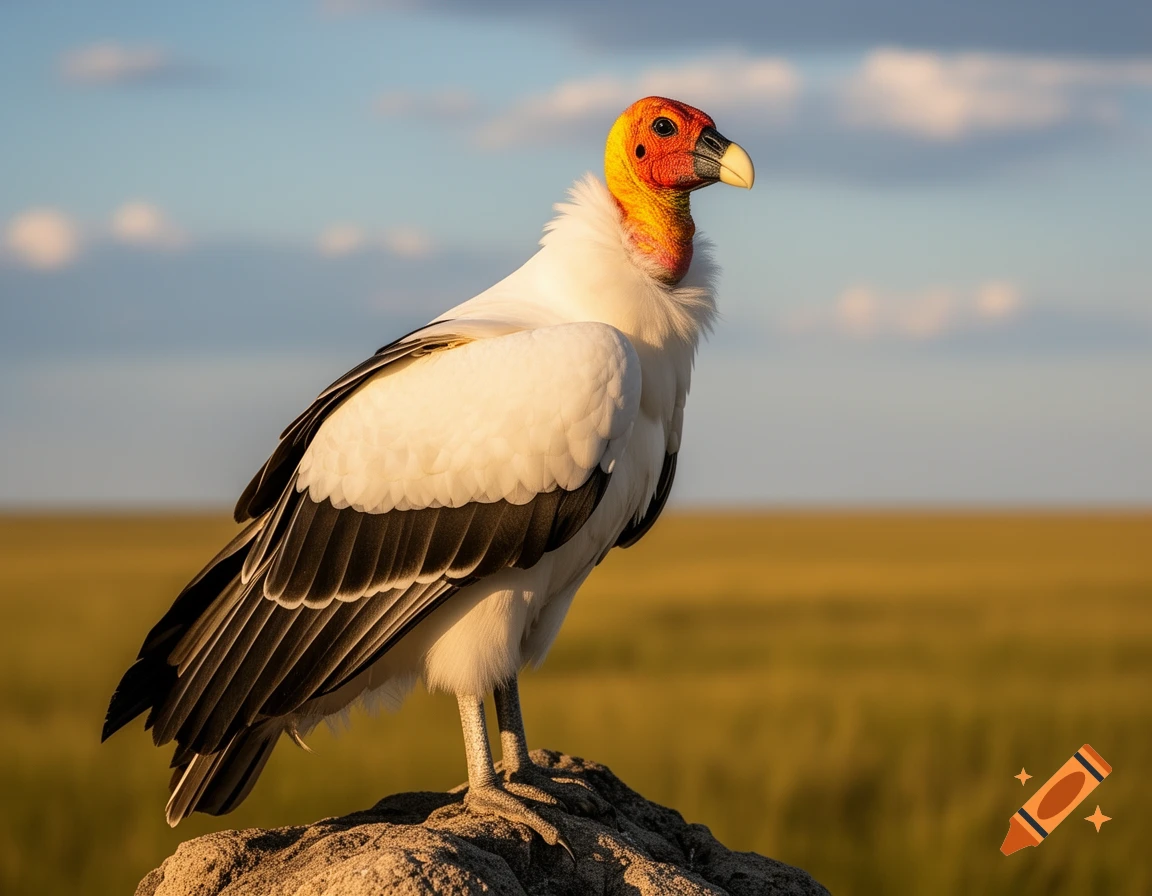 A majestic king vulture with a bright orange and yellow head and white feathers stands on a rock at sunset.