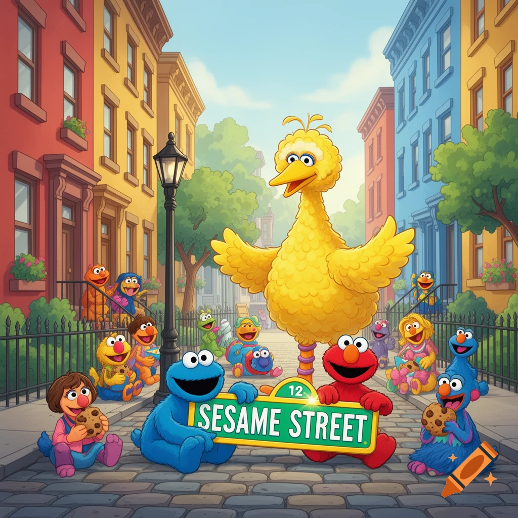 Big Bird, Cookie Monster, Elmo, and other colorful Sesame Street characters on a vibrant street with a 'SESAME STREET' sign.