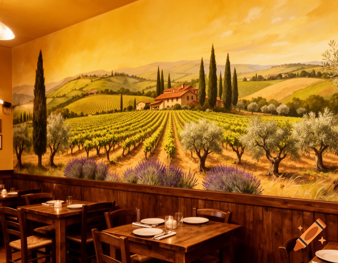 A vibrant mural depicting a sunny Tuscan vineyard landscape with cypress trees and a farmhouse on a restaurant wall above wooden tables.