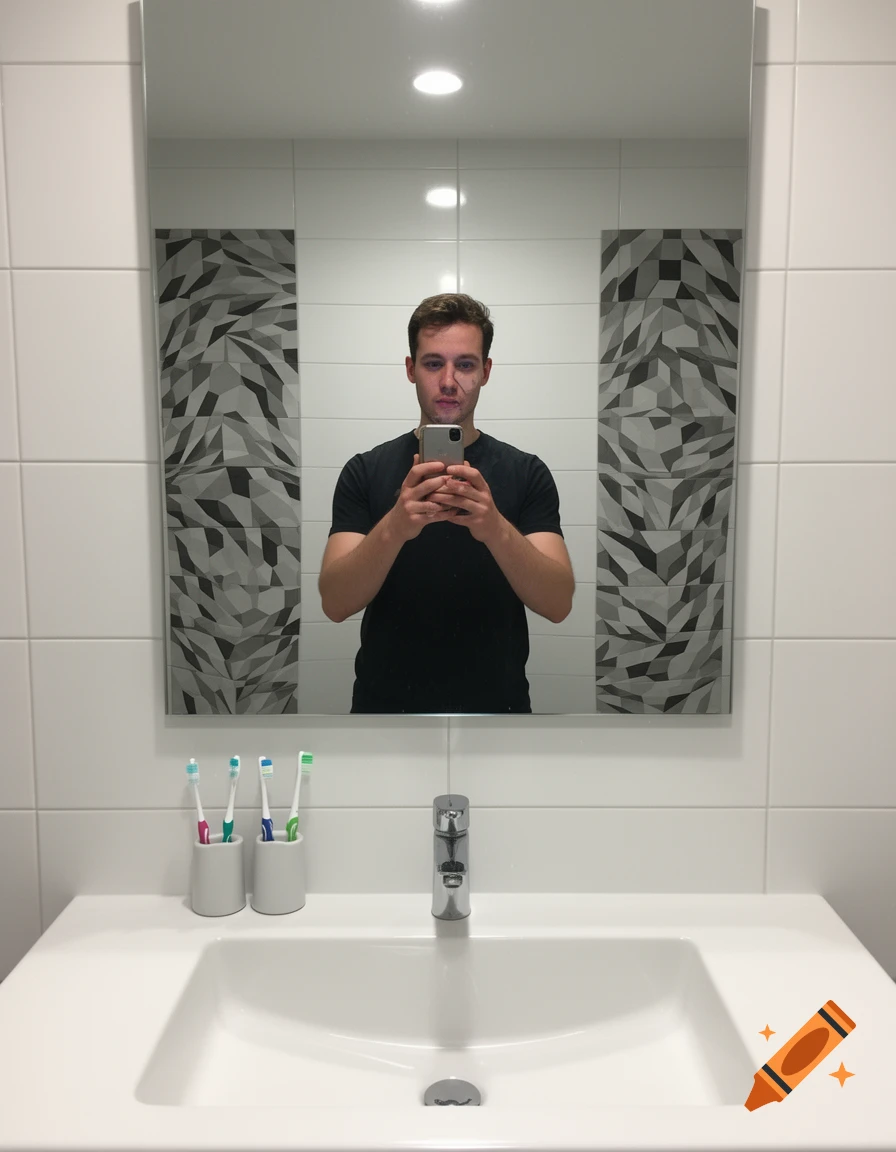 A person in a black t-shirt takes a distorted mirror selfie in a tiled bathroom, showing a sink, faucet, and toothbrushes.