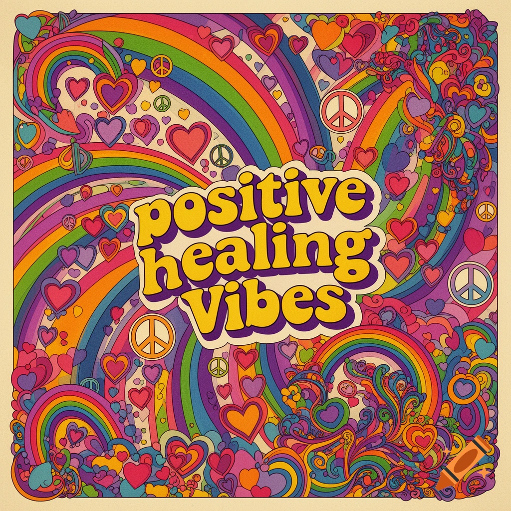 A groovy psychedelic poster with yellow text 'positive healing vibes' over colorful rainbows, hearts, and peace signs.