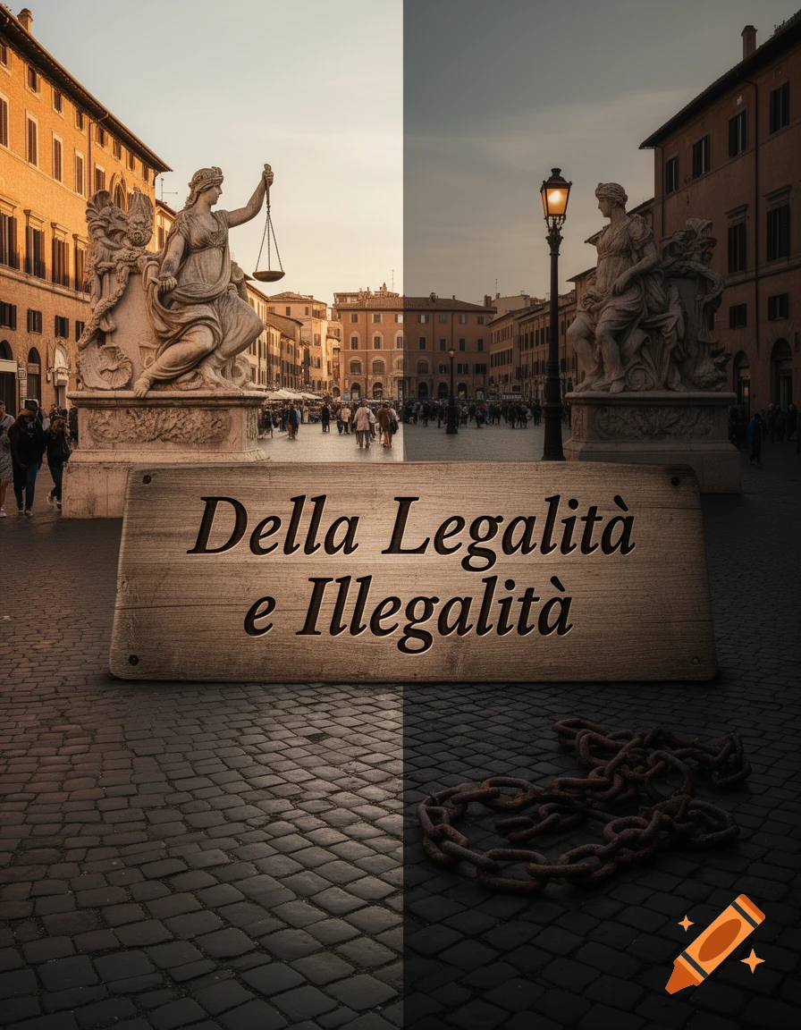 Split image symbolizing legality and illegality in a city square, with Lady Justice in light and rusty chains in dark, with Italian text.