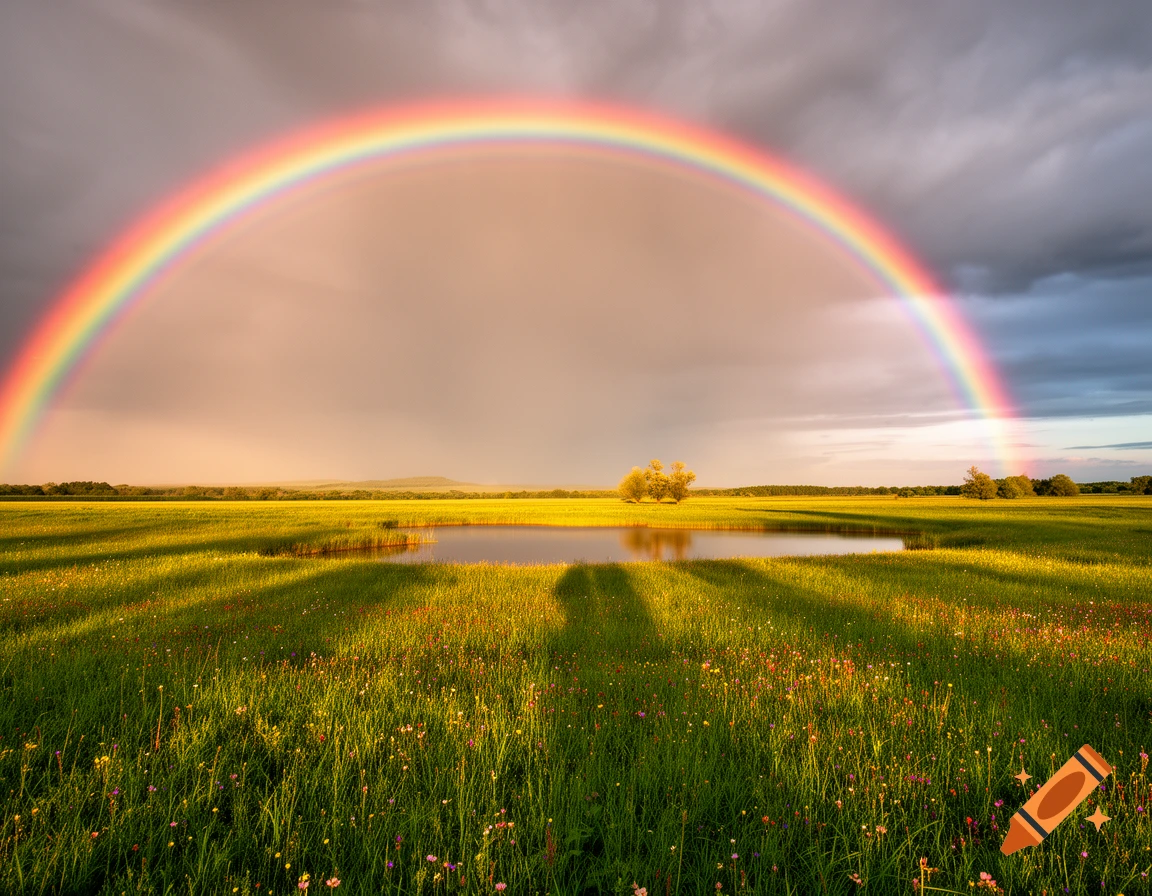 A vibrant rainbow arches over a lush green field filled with wildflowers, a serene pond reflecting the dramatic sky at sunset.