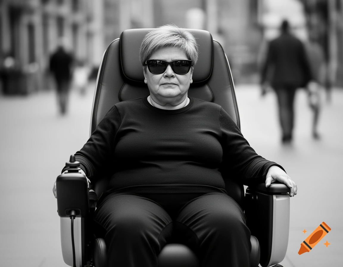 Black and white photo of a short-haired lady in dark sunglasses sitting in an electric wheelchair on a blurred street.