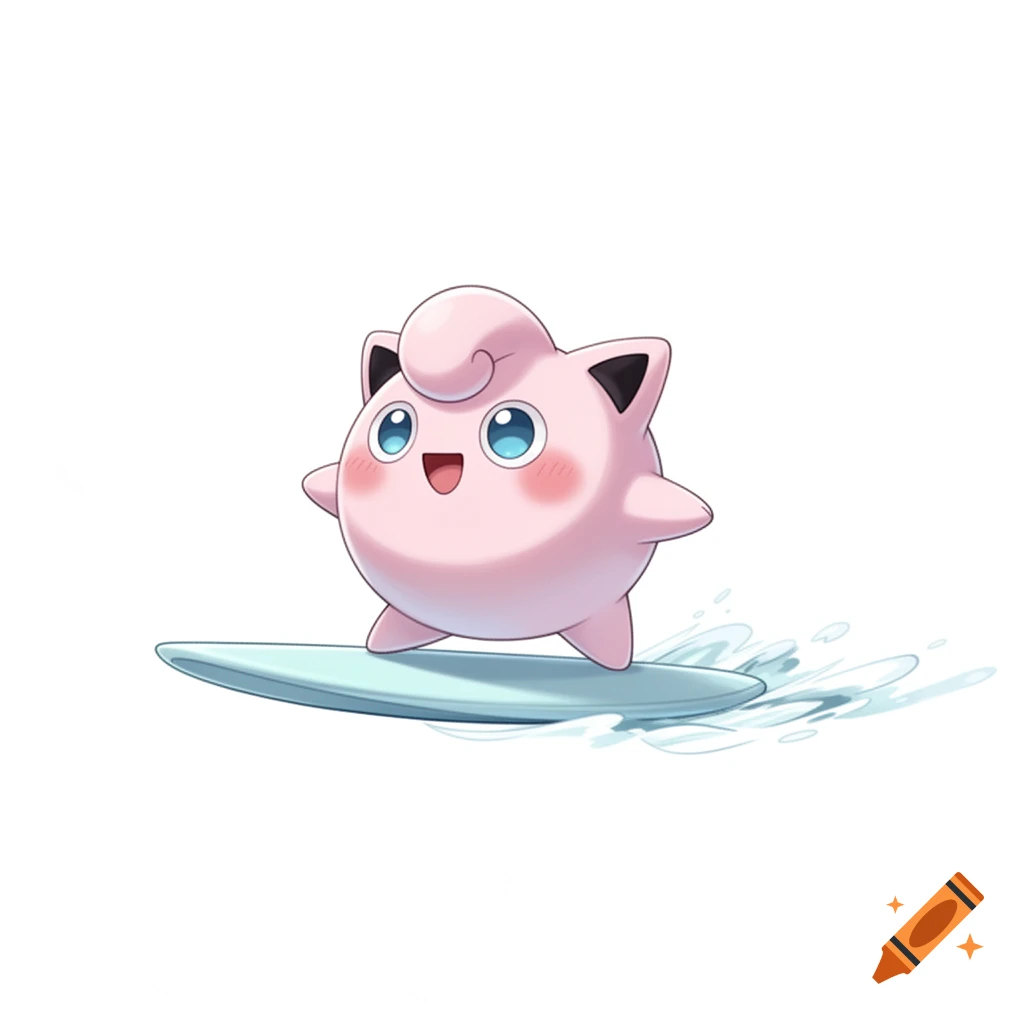 A happy pink Jigglypuff cartoon character riding a pale blue surfboard, with water splashes on a white background.