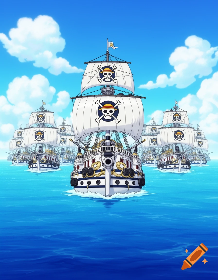 Anime-style fleet of white pirate ships with skull and crossbones flags sailing on a blue ocean under a clear sky.