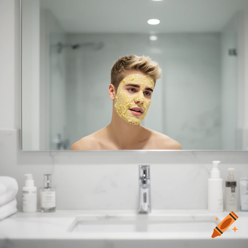 A young man with blonde hair looking in a bathroom mirror, wearing a yellow face mask.