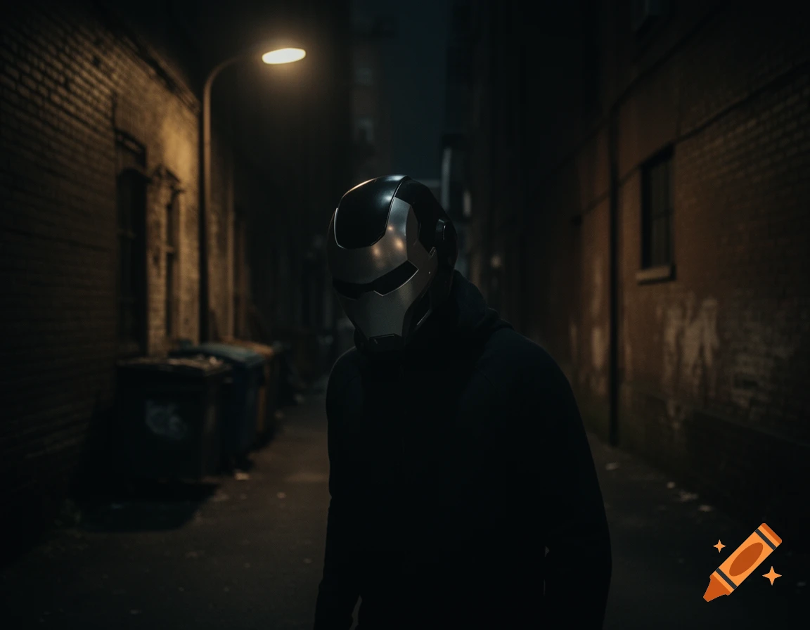 A figure in a metallic mask and dark clothing stands in a dimly lit urban alley with brick walls and trash bins.