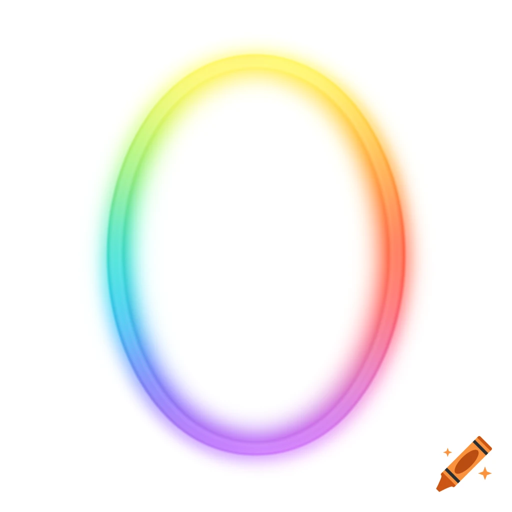 An oblong oval shape with a rainbow-colored glow, transitioning smoothly from yellow at the top through red, purple, blue, and green.