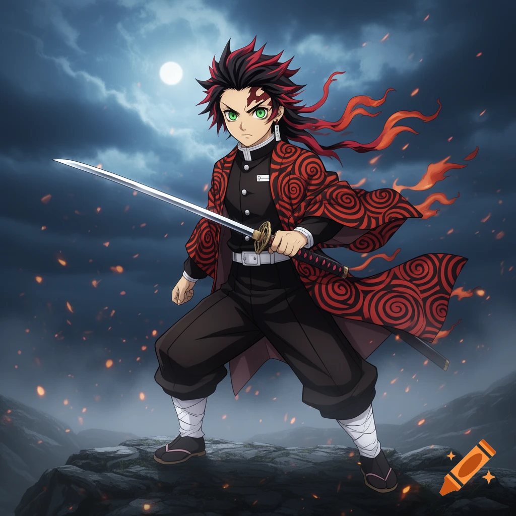 Anime-style character with red and black spiky hair, green eyes, holding a katana on a rocky cliff under a moonlit sky.