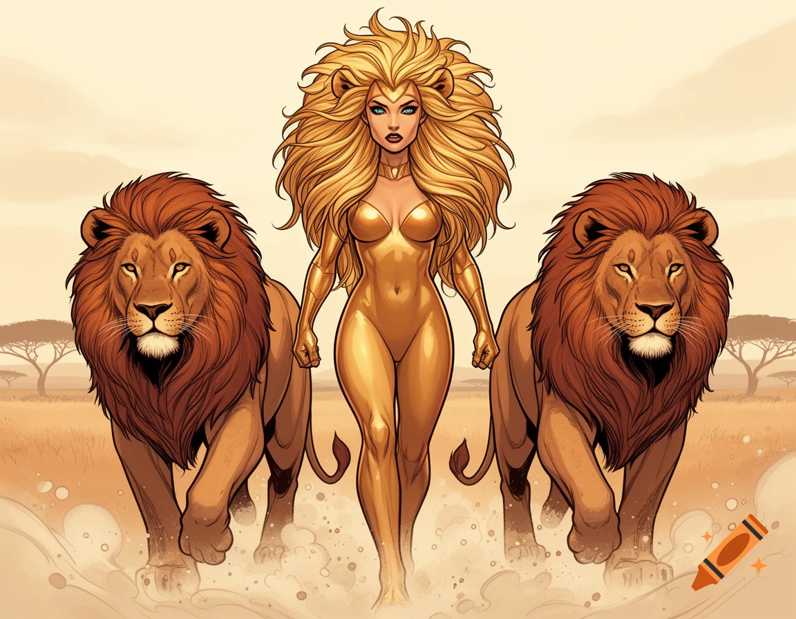 A comic-style golden-suited lion queen with a blonde mane walks forward, flanked by two large male lions in a savanna landscape.