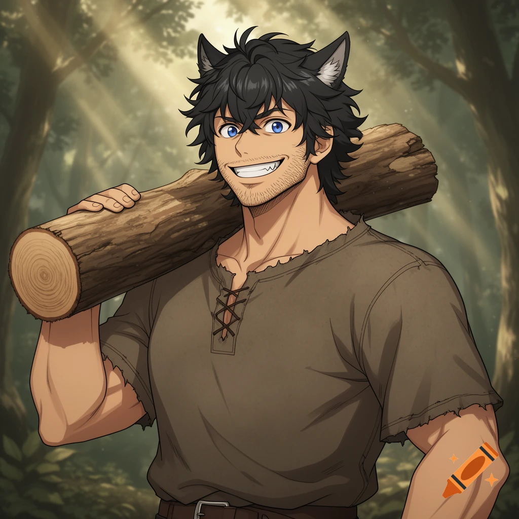 Anime-style man with wolf ears, black hair, blue eyes, and stubble, grinning while carrying a log on his shoulder in a forest.