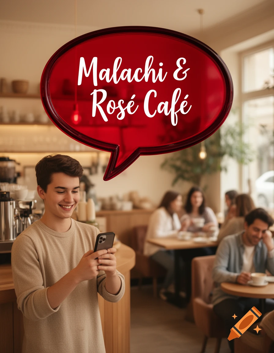 A smiling young man looks at his phone in a cafe, with a red speech bubble above him saying "Malachi & Rosé Café".
