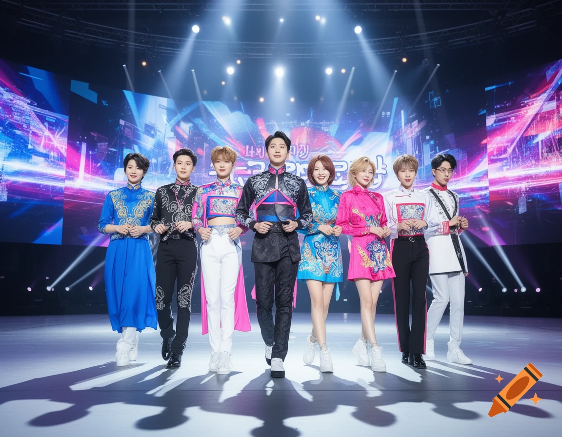 Seven young people in colorful, elaborate traditional stage costumes stand on a brightly lit stage.