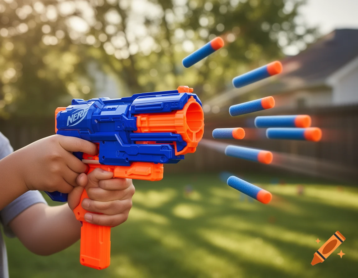 A child's hands hold a blue and orange Nerf gun shooting foam darts outdoors in a backyard with sunlight.