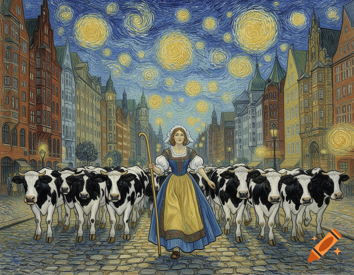 A shepherdess in traditional attire leads a line of black and white cows down a cobblestone street in a city, under a swirling, starry night sky in Van Gogh style.