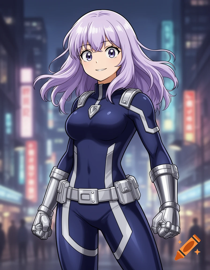 An anime girl with light purple hair in a dark blue and silver superhero suit stands in a blurred city at night.