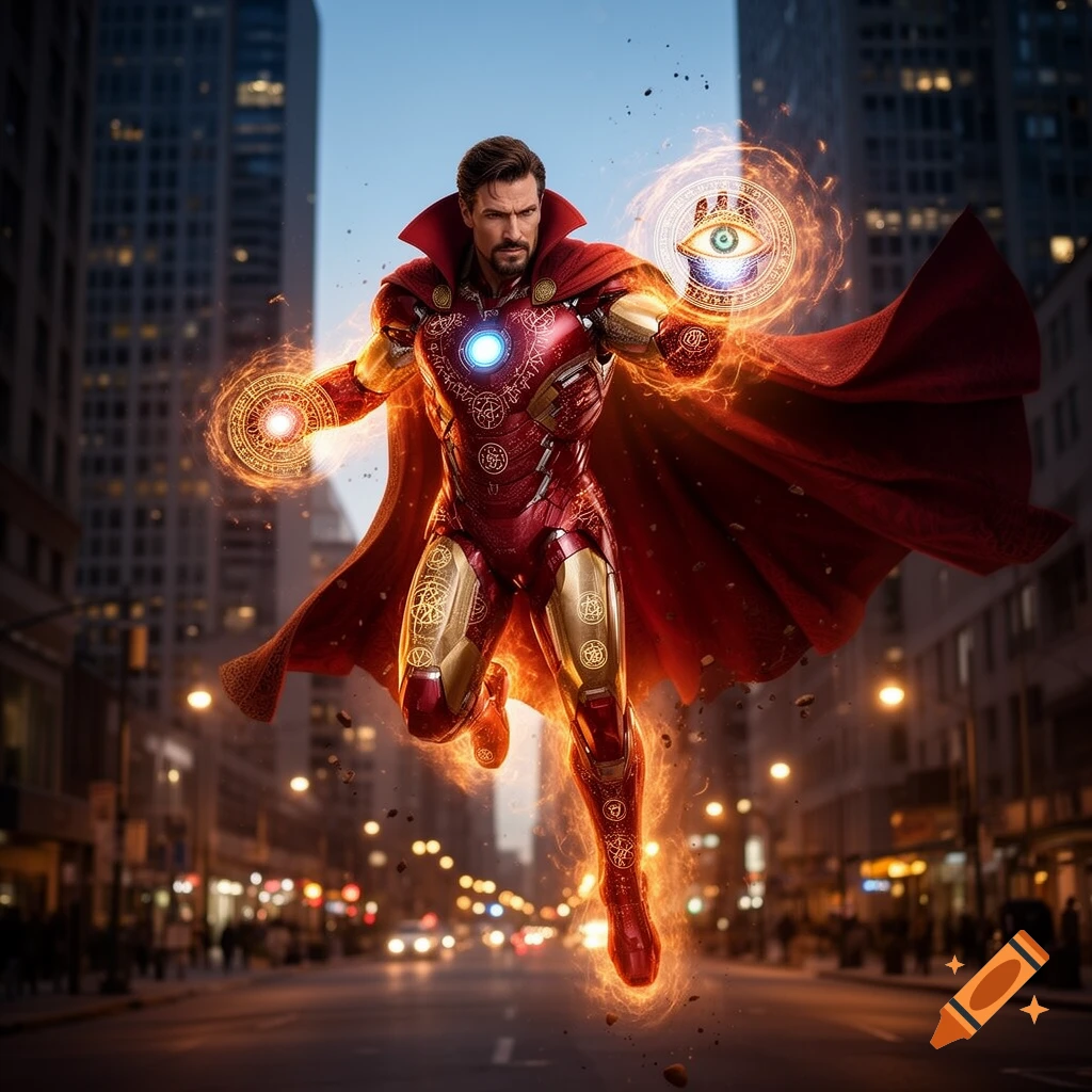 A fusion of Iron Man and Doctor Strange, flying mid-air over a city street at dusk, surrounded by glowing magical energy.