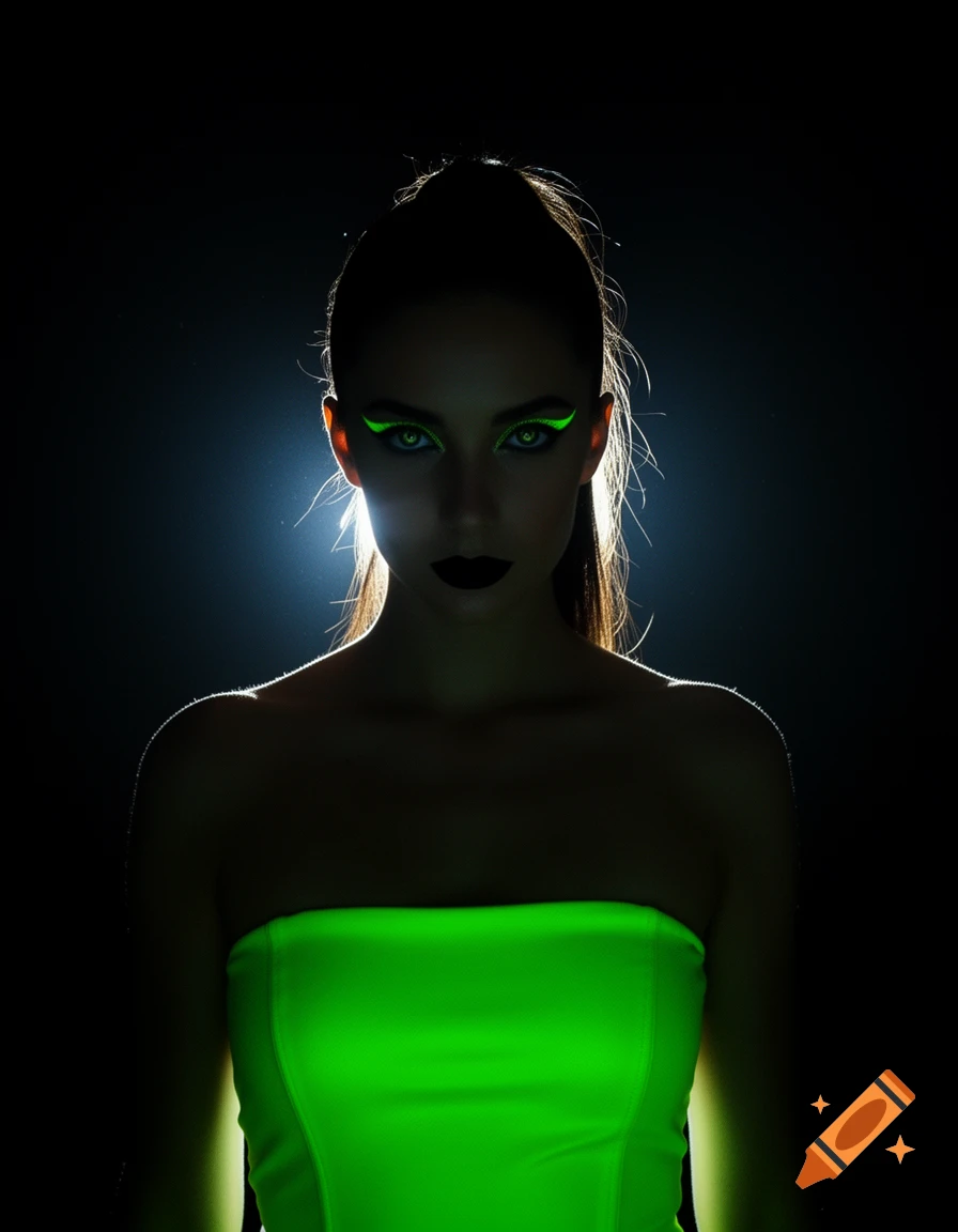 Woman with neon green eyeliner and top, black lipstick, backlit in a dark room.