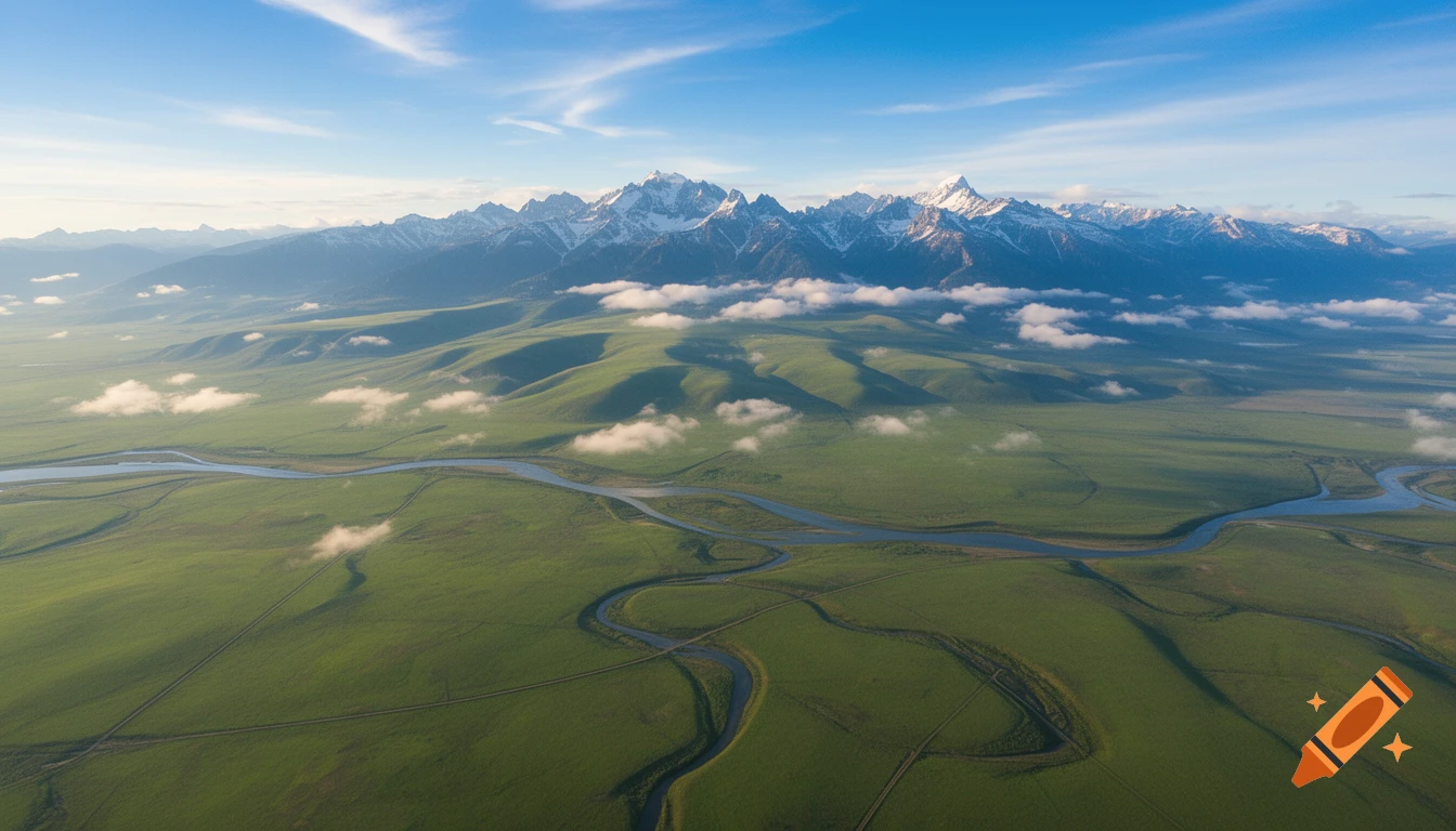 Aerial view of a vast green plain with a winding river, snow-capped mountains, and clouds under a blue sky.