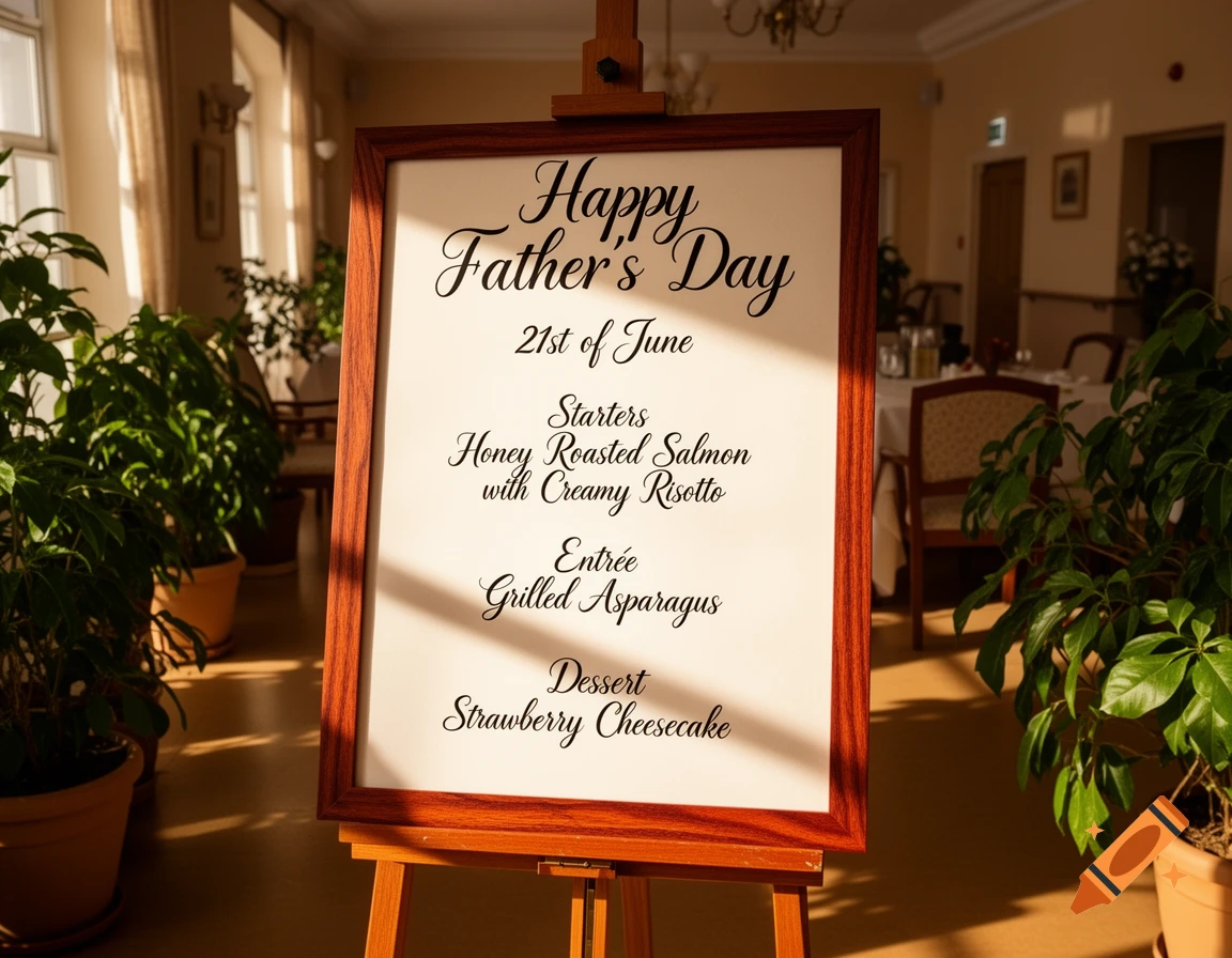 A close-up shot of a Happy Father's Day menu on an easel in a restaurant setting. The menu lists starters, an entree, and dessert.