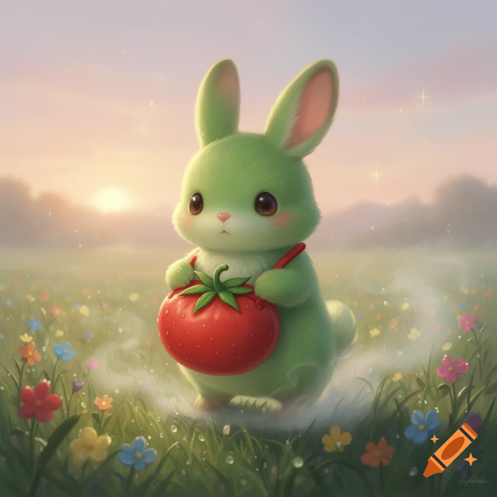 A fluffy green rabbit-like creature holds a red tomato pochette while standing in a field of colorful flowers at sunset.