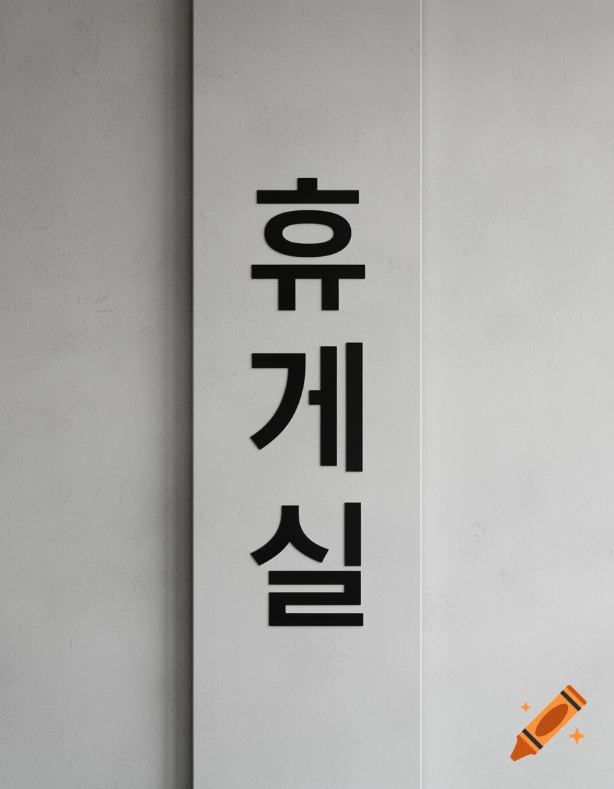 Black Korean characters "휴게실" written vertically on a light gray, textured wall, resembling a minimalist sign.