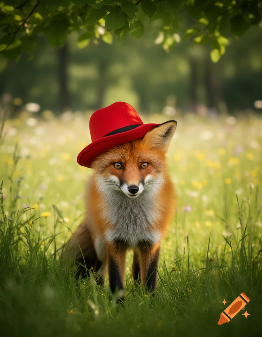 A photorealistic fox wearing a red hat stands in a sun-dappled grassy field, looking forward.