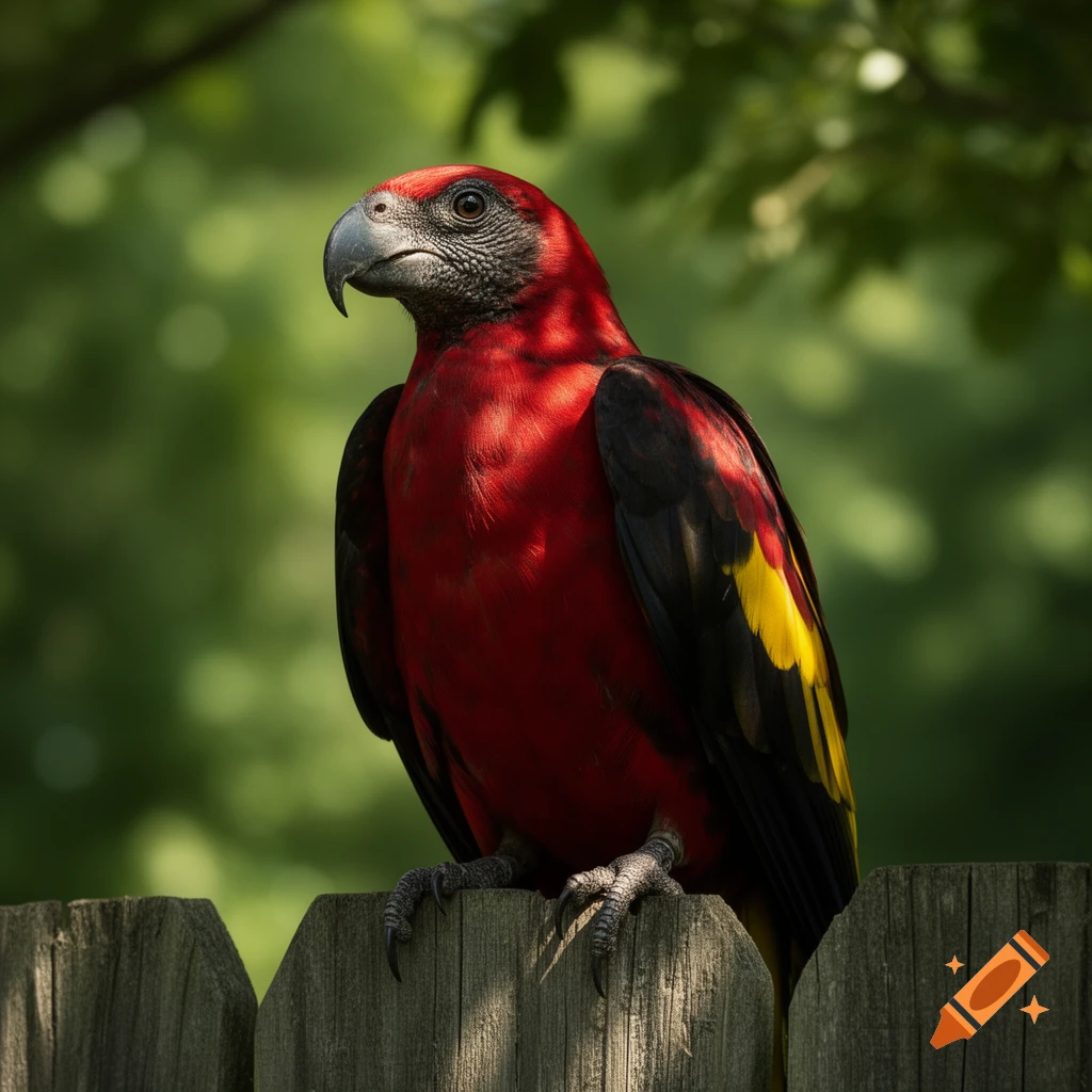 A red, black, and yellow parrot with a gray beak perches on a wooden fence in dappled sunlight, with a blurred green background.