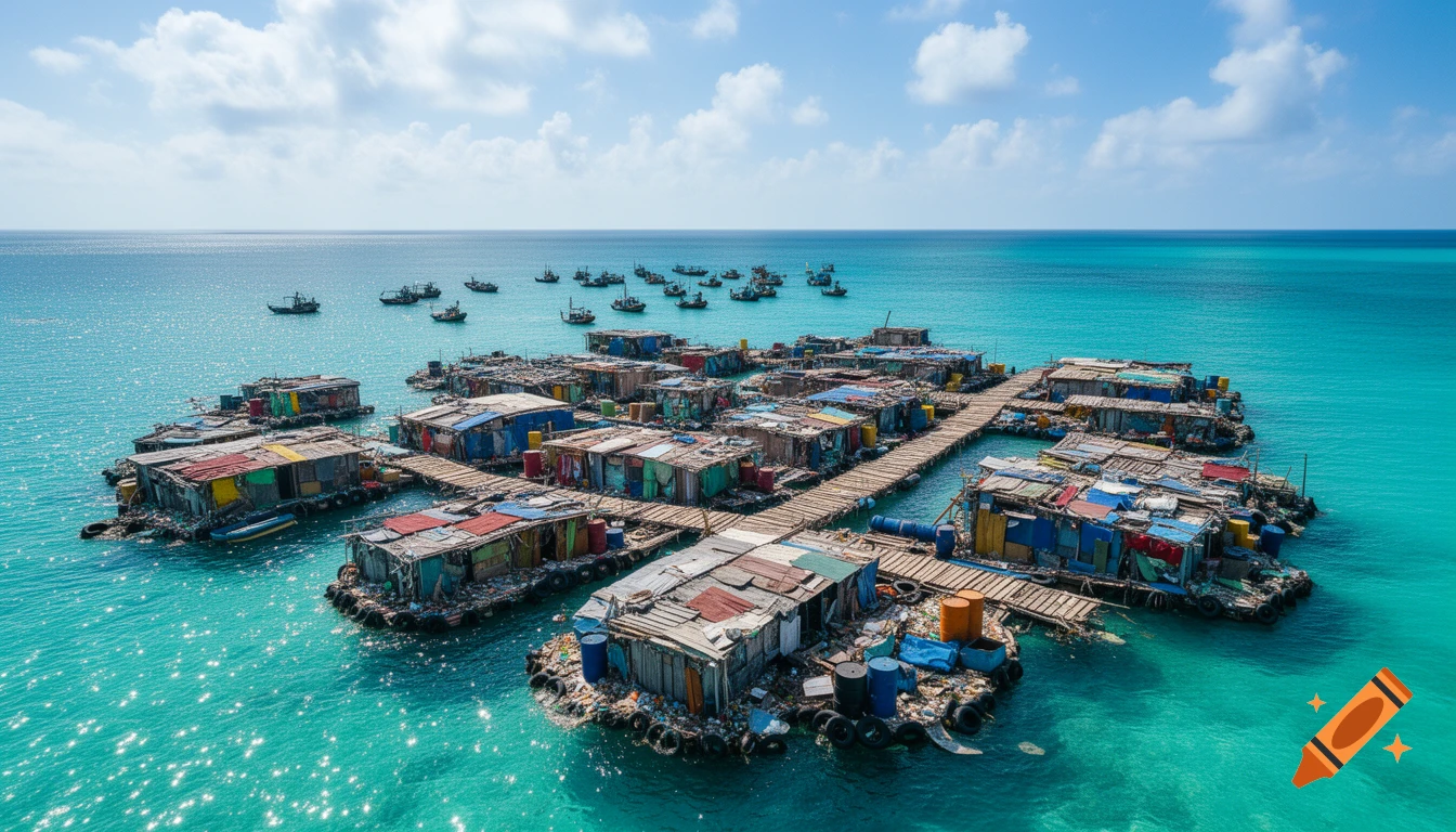 Aerial view of a photorealistic floating village made of debris and trash on vibrant turquoise sea, with many fishing boats.