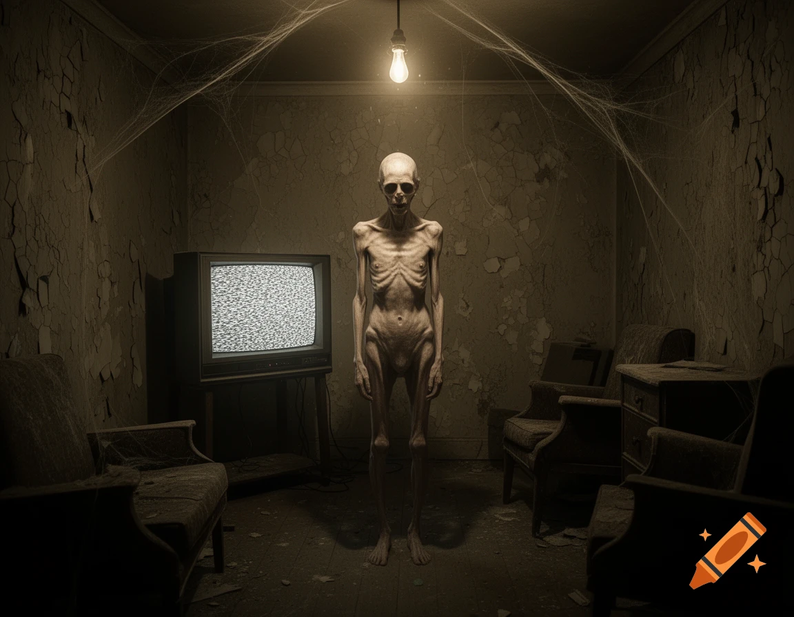 An emaciated, pale figure stands in a dimly lit, dilapidated room with peeling paint, cobwebs, old furniture, and a TV displaying static. Realistic, horror style.