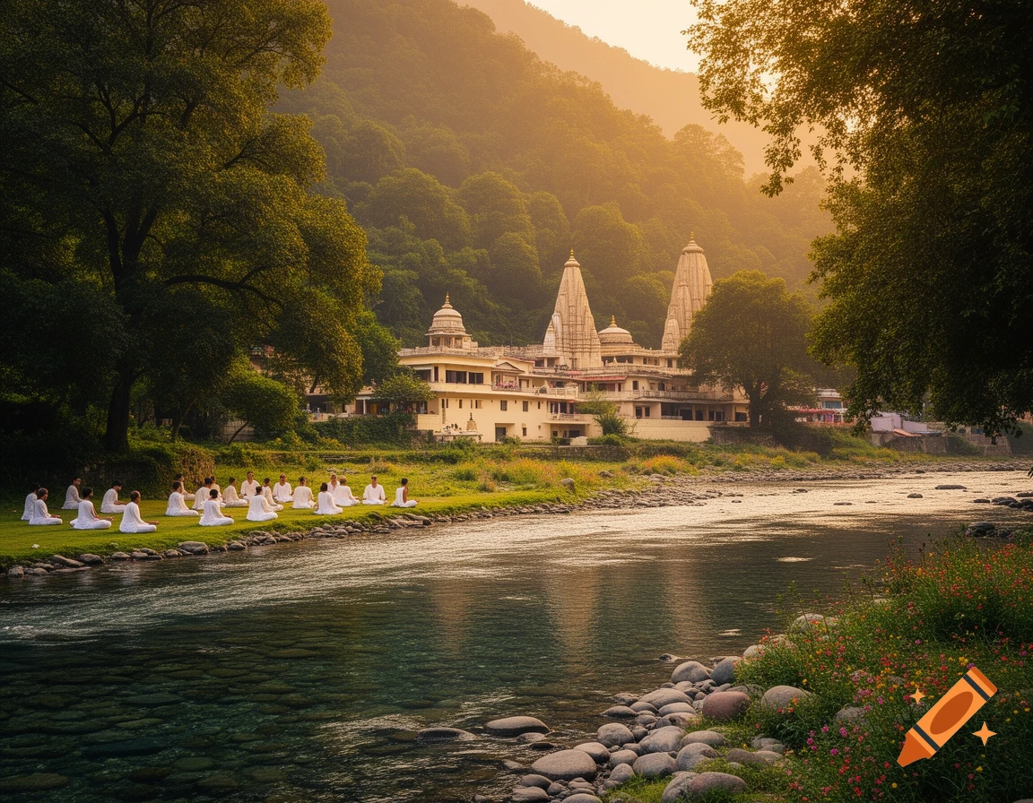 People meditate by a clear river with a multi-spired ashram and lush mountains in the background at sunset, photorealistic.