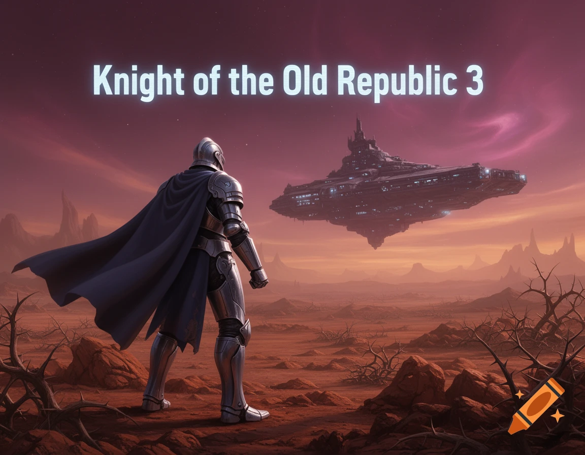 A knight in shining armor with a dark cape stands in a desolate red desert, looking at a large spaceship hovering in the sky. Text reads 'Knight of the Old Republic 3'.
