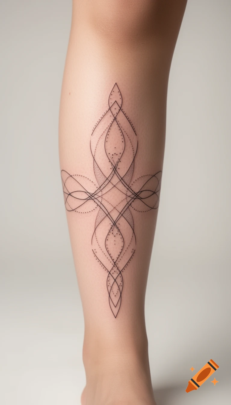 Close-up of a leg with a delicate black fineline and dotwork geometric tattoo.