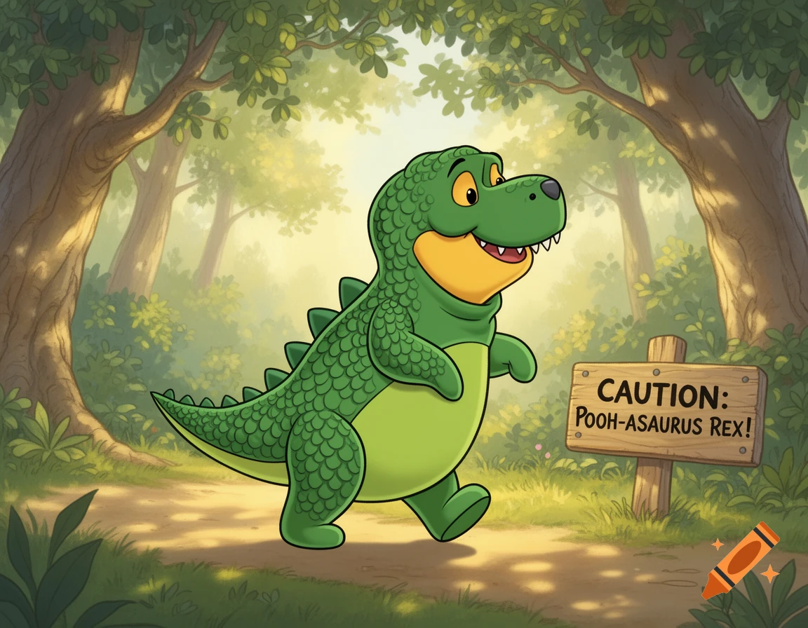 A cheerful, cartoony green and yellow T-Rex walks on a forest path. A sign next to it reads 'CAUTION: POOH-ASAURUS REX!'.