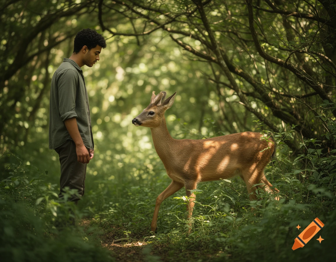 A man in a forest looking at a deer that is walking past him, sunlight dappling through trees.