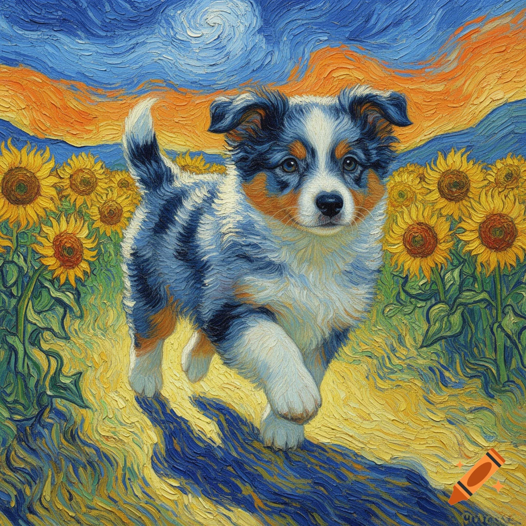 A mini Aussie puppy runs through a sunflower field under a swirling sky, painted in a vibrant Van Gogh style.
