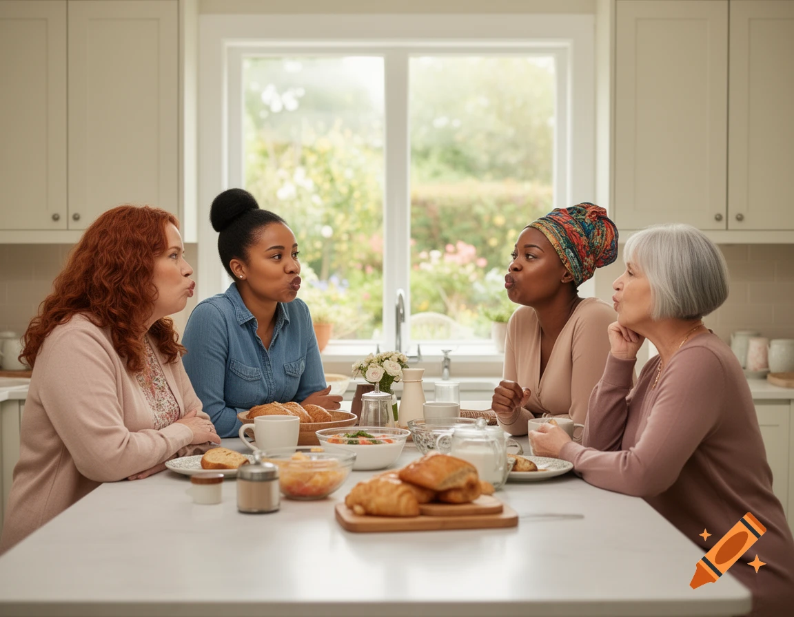 Four women with puffed cheeks sit around a kitchen table with food and drinks, looking at each other.