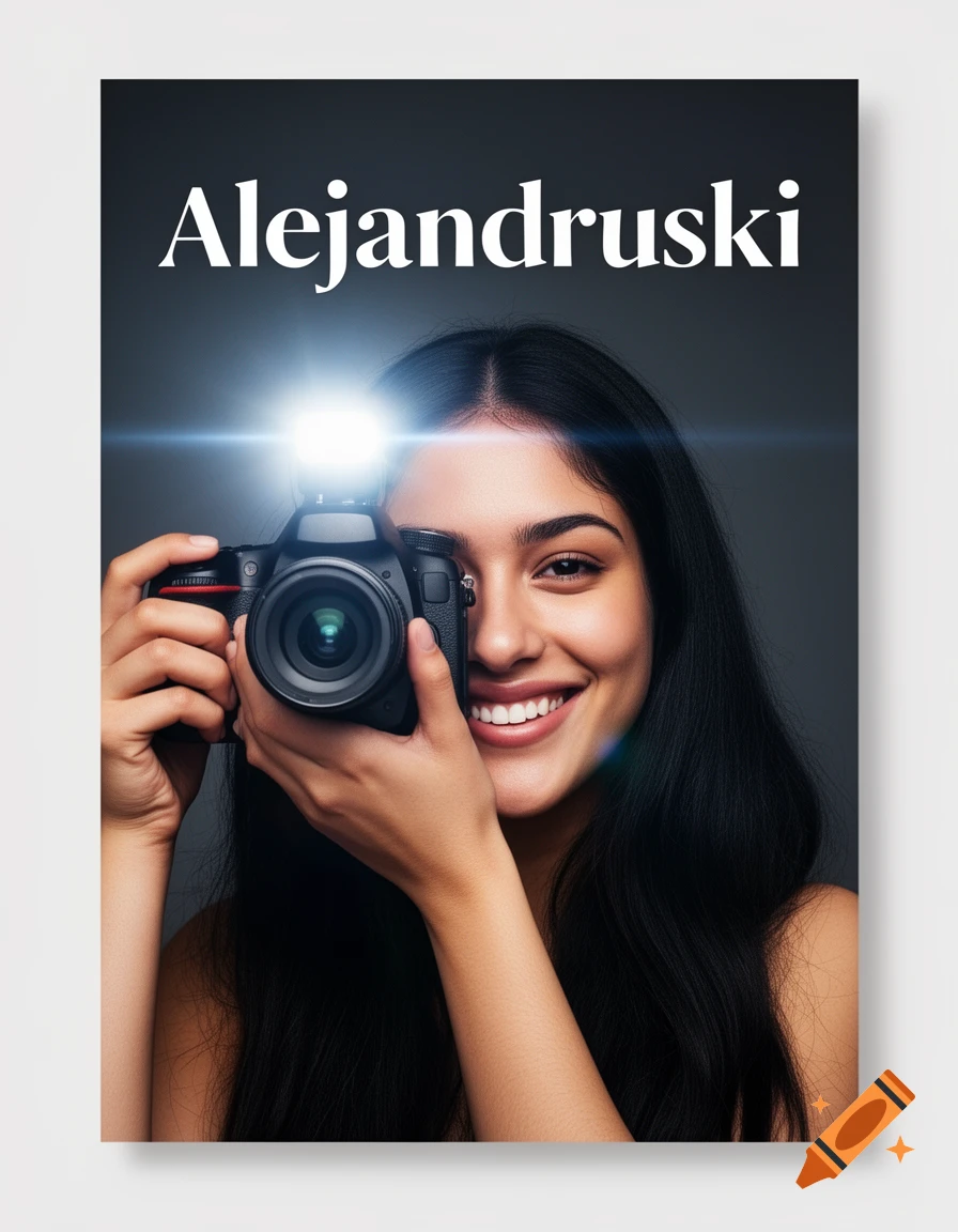 Smiling young woman with long dark hair holding a DSLR camera with a bright flash. The text 'Alejandruski' appears above her in a promotional poster.
