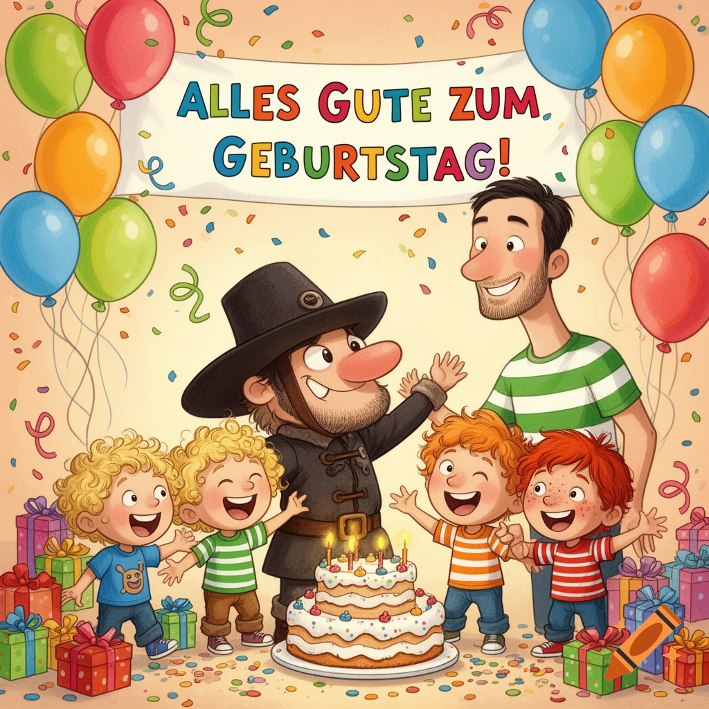 Joyful children's illustration of a birthday. A man, a robber-like character, and three boys stand around a cake, balloons, gifts. Banner: 'Alles Gute zum Geburtstag!'.