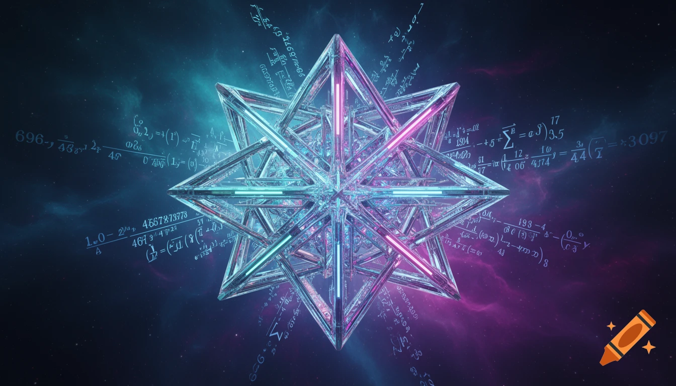 A glowing, intricate crystal-like geometric structure floats in a blue and pink cosmic space, surrounded by mathematical equations.