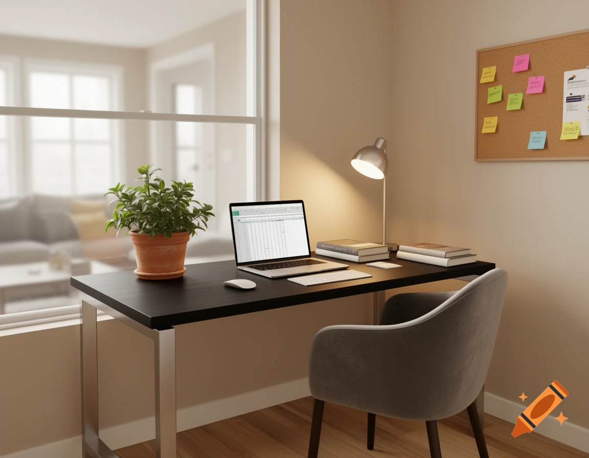 A modern home office setup with a black desk, laptop showing a spreadsheet, a potted plant, books, and a bulletin board with sticky notes next to a window.