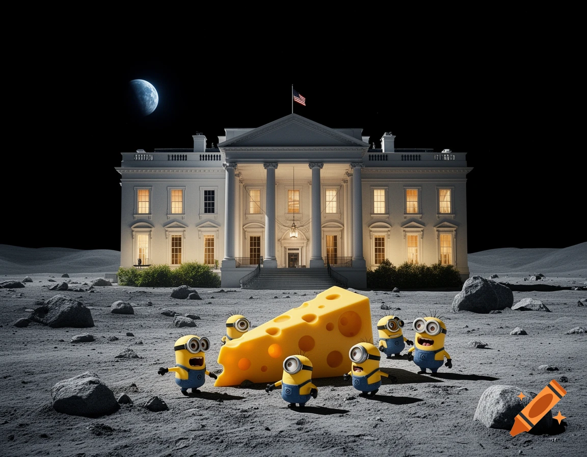 The White House stands on the moon's surface under a crescent moon, surrounded by rocks. Several Minions gather around a giant slice of Swiss cheese in the foreground.