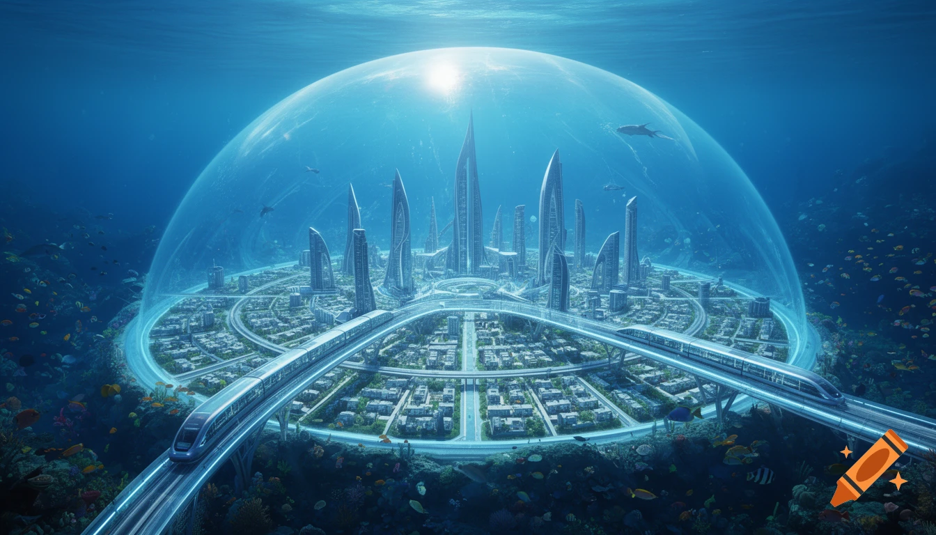 Photorealistic futuristic underwater city, Aquaria, under a transparent dome with modern buildings, metro, and marine life.