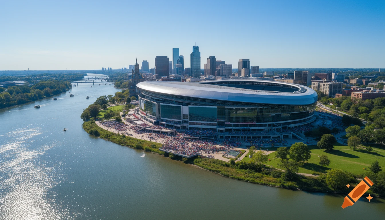 Aerial view of a modern riverfront stadium packed with crowds, backed by a city skyline and green trees under a clear blue sky.