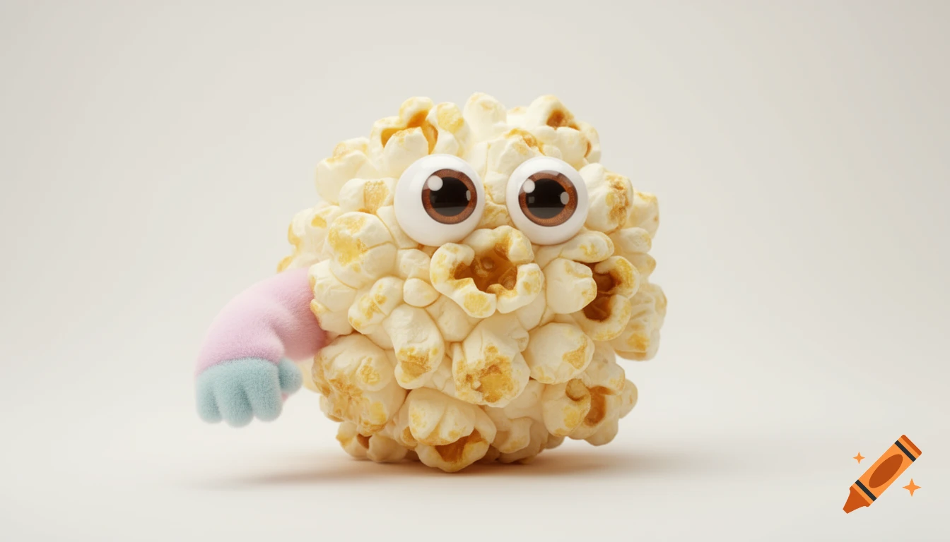 A popcorn character with large googly eyes and a pink and blue plush arm, standing on a white background.